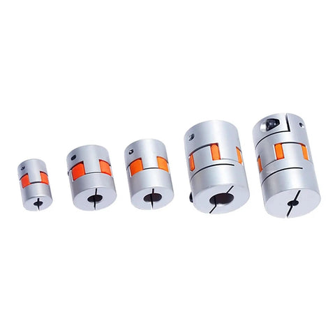 Heavy Duty Plum Flex Shaft Coupling for DIY CNC Encoder Projects Made From Solid Aluminum Alloy With Anodized Finish, various sizes visible.