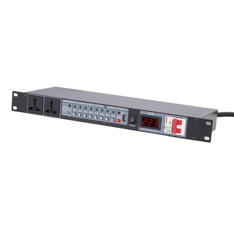 Pro 10 Outlet Power Sequencer With Digital Voltage Readout, 1U rack-mount power strip, aluminum, digital voltmeter display.