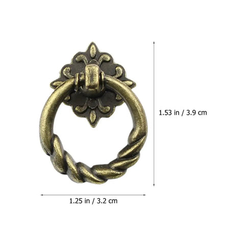 Antique Bronze Cabinet Pull Handles 8 Pack Decorative Mini Knobs with single hole design, vintage twisted ring style, dimensions shown