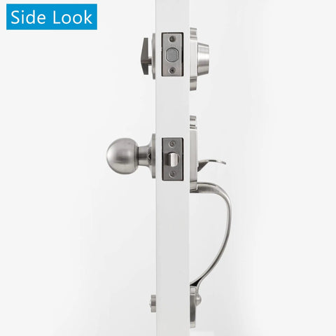 Front Door Handle Set With Deadbolt Lock, Single Cylinder Entry Lockset, Curved Or Straight Handle Options, Lower Half Grip Round Knob, Silver Finish, Great For Home Or Business Doors, Adjustable Two And Three Eighths Inch Latch