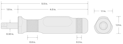 Diagram of quarter inch drive five inch aluminum spinner handle with steel extension including measurements