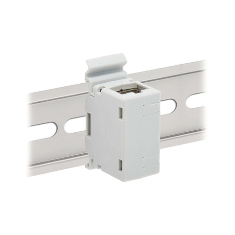 DIN Rail Cat6A Shielded In Line Mountable Snap In Coupler With Female To Female RJ45 Ports installed on DIN rail