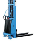 Top Tier Heavy Duty Semi Electric Pallet Stacker With A Brawny Three Thousand Three Hundred Pound Lift Capacity smooth polyurethane wheels and adjustable legs.