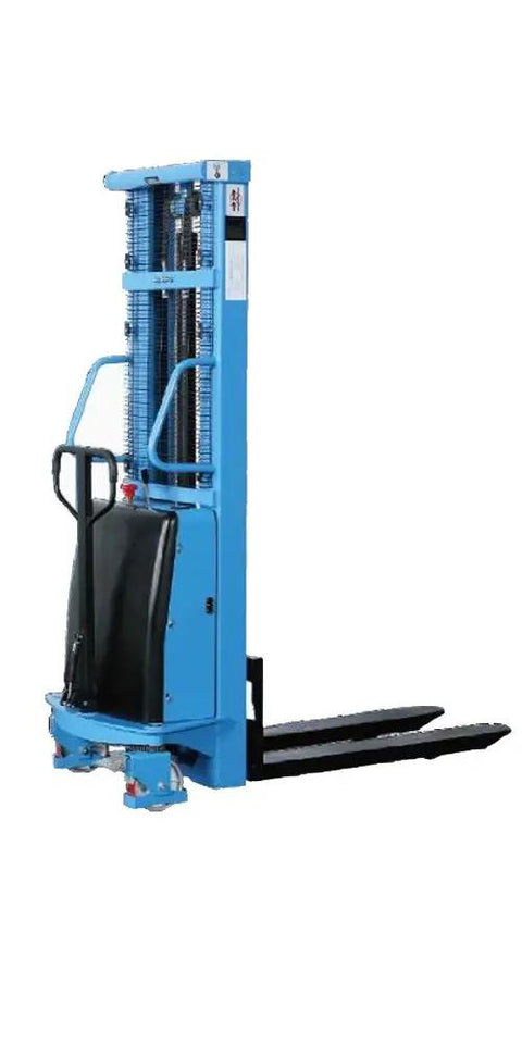 Top Tier Heavy Duty Semi Electric Pallet Stacker With A Brawny Three Thousand Three Hundred Pound Lift Capacity smooth polyurethane wheels and adjustable legs.