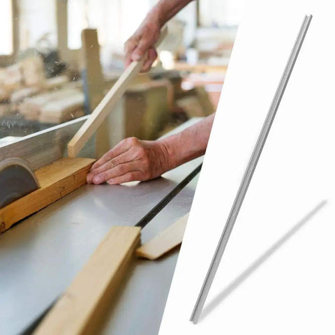 Heavy Duty Anodized Aluminum Miter T Track With T Bar Rail For Jigs on a table saw in a woodworking workshop.