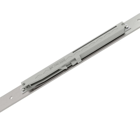 Close-up of Brushed Nickel Sliding Barn Door Hardware Track Kit With Soft Close, top-mounted heavy-duty six-foot system for 36-inch panels.