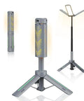 Rechargeable 8000mAh Camping And Work Light With 3 Adjustable Heads 3000 Lumen Cordless LED Light On Telescopic Tripod Stand 3.4 Ft Tall Dimmable Brightness Beastly Bright Emergency Flashlight For Outdoors And Jobsites displayed with folded and unfolded tripod