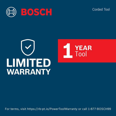 Image featuring Bosch limited warranty, 1-year tool symbol, relevant for GWS25-230JR 9 Inch Large Angle Grinder With 15 Amp Motor.