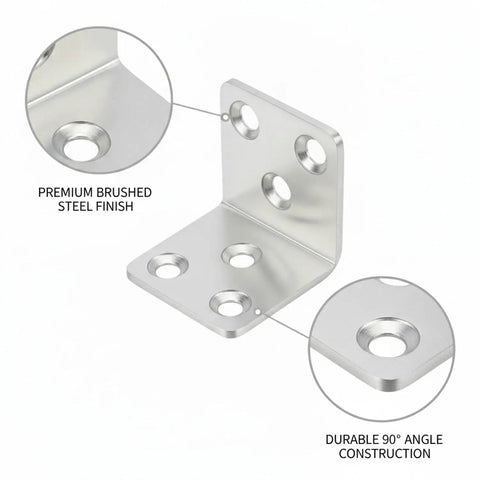 Heavy Duty Stainless Steel L Bracket Corner Brace For Furniture Repair And Cabinet Shelf Reinforcement, 90 Degree Angle Support, Slim Low Profile Silver, 1 Pack with brushed steel finish