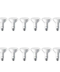 Non Dimmable BR30 LED Bulbs 12 Pack With EyeComfort Flicker Free 650 Lumens 5000K Daylight displayed in two rows
