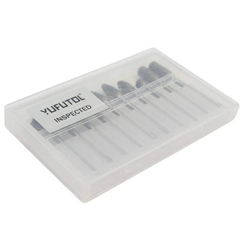 YUFUTOL 10-piece carbide burr set with 3mm shanks in clear plastic storage case