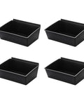 Four black stackable bins for Large Slatwall Bins Set of 4 for Garage and Workshop Storage, durable plastic construction.