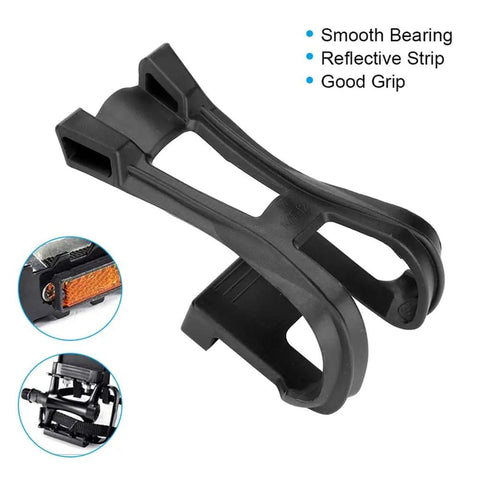 Universal Bike Pedal Straps With Toe Clips Adjustable Anti Slip Foot Cages For Road Mountain And Indoor Cycling shown with reflective strip and smooth bearing