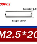 Premium Pro Grade Built Tough 304 Stainless Steel Dowel Pins 2.5x20 Precision Ground Solid Alignment Pins For Machinery, Fixtures, Molds, And Engineering, 100 Pieces Great For Precise, Tight Fits In Jigs And Fixtures, showing size and quantity on white background
