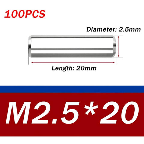 Premium Pro Grade Built Tough 304 Stainless Steel Dowel Pins 2.5x20 Precision Ground Solid Alignment Pins For Machinery, Fixtures, Molds, And Engineering, 100 Pieces Great For Precise, Tight Fits In Jigs And Fixtures, showing size and quantity on white background