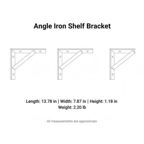 Diagram of Heavy Duty Iron Angle Bracket 90 Degree L Shaped Support For Garage Shelves And Workbenches, dimensions listed.