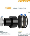 Kickass Heavy Duty Dust Collection Reducer 6 Inch To 4 Inch Hose Adapter for Shop Vacs with ABS construction and flexible hose.