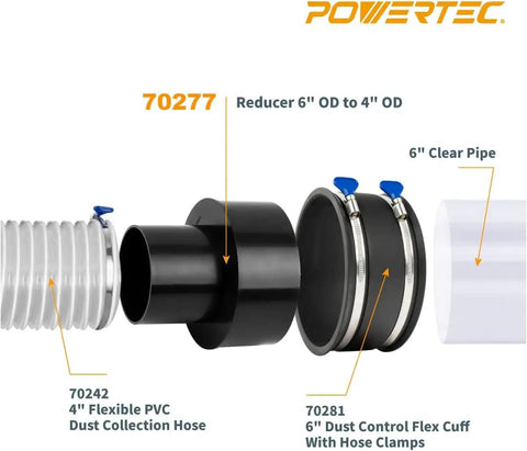 Kickass Heavy Duty Dust Collection Reducer 6 Inch To 4 Inch Hose Adapter for Shop Vacs with ABS construction and flexible hose.
