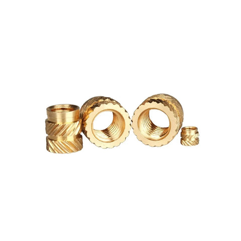Premium Brass Knurled Insert Nuts For 3D Printers, M2 to M6 sizes, sturdy brass fasteners with gripping texture.