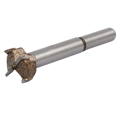Side view of 21mm hinge boring bit with alloy cutting head on cylindrical shank for woodworking