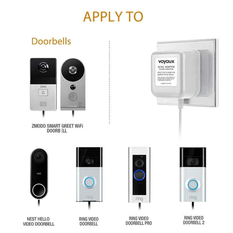 Universal 18V 800mA Doorbell Transformer Power Adapter For Video Doorbells showing compatibility with various models