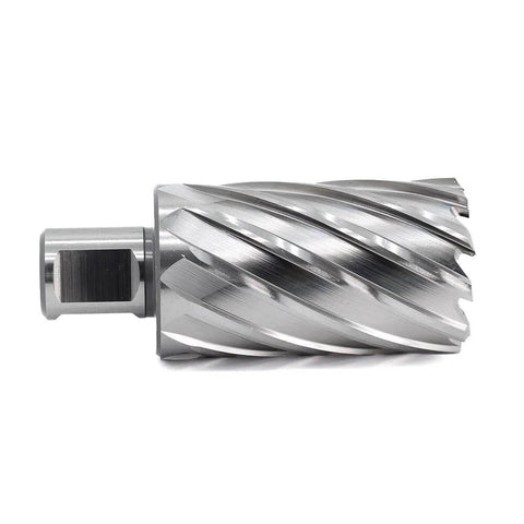 Oscarbide annular cutter (side view) with Weldon shank, 1-7/16 in diameter, 3/4 in shank, 2 in depth.