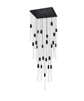 Modern 25 Light Crystal Pendant Ceiling Fixture With Matte Black Metal Frame And Contemporary Design For Indoor Living Spaces That Brings Straight Fire Vibes And Premium Swag, showcasing clear crystal rods.