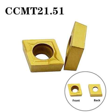 Two gold square carbide turning inserts with central hole; multilayer coated, front and back views.