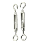 Premium 304 Stainless Steel Turnbuckle Wire Rope Tensioner With Eye Screw Hook Rigging Hardware Works Like A Charm For Clothesline Projects And Provides Rock Solid Adjustment In M4 M5 M6 M8, two tensioners with hooks visible.