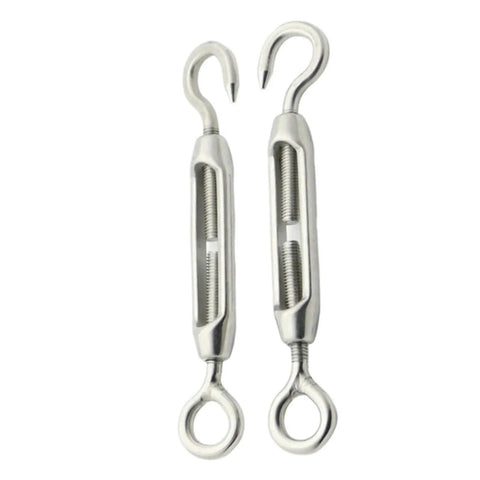 Premium 304 Stainless Steel Turnbuckle Wire Rope Tensioner With Eye Screw Hook Rigging Hardware Works Like A Charm For Clothesline Projects And Provides Rock Solid Adjustment In M4 M5 M6 M8, two tensioners with hooks visible.