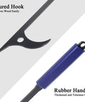 Close-up of 40 Inch Fire Poker And Log Grabber Set For Fire Pits Must Have Backyard Outdoor Indoor Bonfire Gear Rustproof Two Piece Campfire Tool With Ergonomic Rubber Handles, featuring cured hook and blue rubber handle.