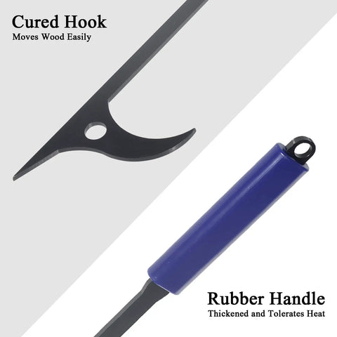 Close-up of 40 Inch Fire Poker And Log Grabber Set For Fire Pits Must Have Backyard Outdoor Indoor Bonfire Gear Rustproof Two Piece Campfire Tool With Ergonomic Rubber Handles, featuring cured hook and blue rubber handle.