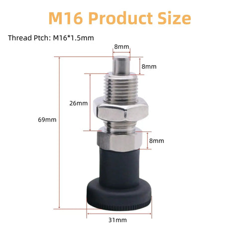 Retractable Stainless Steel Ball Nose Spring Plunger Pair With Smooth Pull Knob Grip and Rugged Construction For Quick Locking and No Drama Positioning On Workshop Gear M16 with dimension markings.
