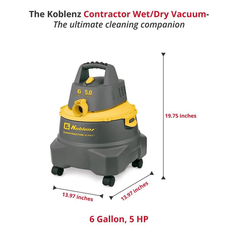 Contractor Wet Dry Vacuum For Jobsite, 6 Gallon Workhorse Powerhouse, 960W, lightweight gray and yellow design with dimensions
