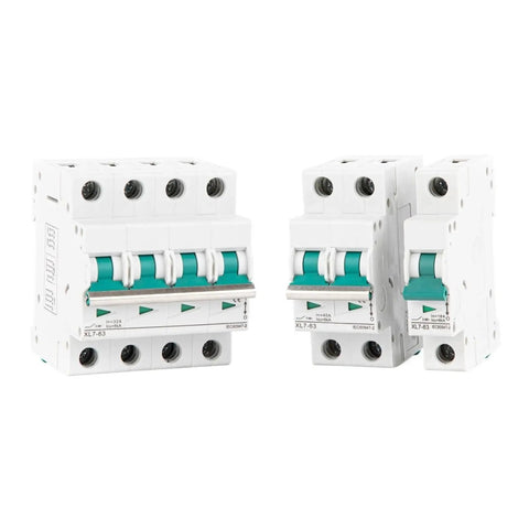 4P MCB Miniature Circuit Breaker With 1000V Voltage Rating And 6KA Fault Current Capacity showing multiple sizes for din rail snap fit.