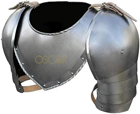 Medieval Iron Gorget Spaulders And Vambraces Armor Set For Cosplay Lovers with adjustable leather straps, close-up view.