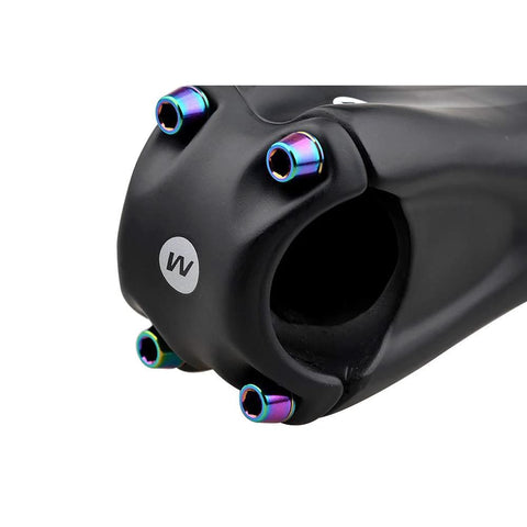 Close-up of bike stem with rainbow titanium bike stem bolts