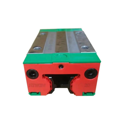 Front view of One Piece 20mm Linear Guide Slider Carriage Block for Precision Motion in CNC Machines with green and orange design.