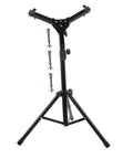 Professional Adjustable Snare Drum Stand and Portable Tripod Rack Built Tough for Indoor Sessions with Dope Stability and Sleek Black Finish for Badass Drummers, detailed view of tripod and adjustment knobs.