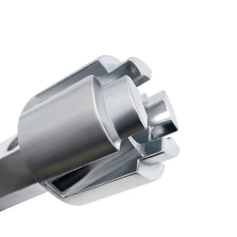 Close-up of Tub Drain Remover Wrench Dual Ended Zinc Alloy Tool for bathroom drains, rust resistant and durable