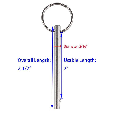 2 Pack Quick Release Pin For Bimini Tops And Marine Hardware Diameter Three Sixteenth Inch Overall Length Two And One Half Inches Usable Length Two Inches Made From Marine Grade 316 Stainless Steel with measurements displayed