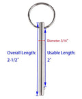 4 Pack Quick Release Pins 316 Stainless Steel for Bimini Tops and Boat Deck Hinges, 3/16 Inch Diameter, Overall Length 2 1/2 Inch, Usable Length 2 Inch, Marine Grade Hardware for Seawater Ready Performance shown with measurements.