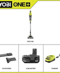 Heavy Hitting Cordless Stick Vacuum Cleaner With 18 Volt Battery And Quick Charger shown with accessories and charger for versatile use.