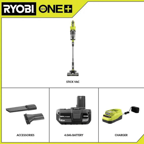Heavy Hitting Cordless Stick Vacuum Cleaner With 18 Volt Battery And Quick Charger shown with accessories and charger for versatile use.