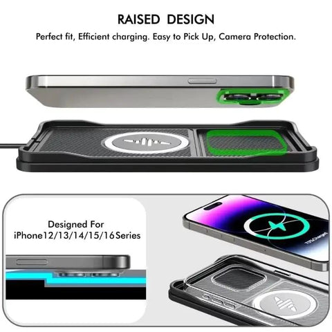 Straight Up Fast Wireless Charger For GMC Sierra 1500 2500 3500 Ev Center Console Plug And Play Power Hub showing raised design for iPhone.