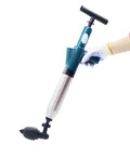 Air Powered Toilet Drain Blaster Plunger High Pressure Dredge Tool showing hand holding plunger with interchangeable head