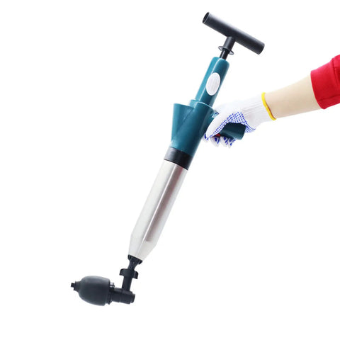 Air Powered Toilet Drain Blaster Plunger High Pressure Dredge Tool showing hand holding plunger with interchangeable head