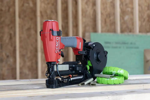 Heavy Duty One Eight Gauge Cap Staples For Pneumatic Staplers In A Killer Two Thousand Pack alongside Senco stapler on wood surface