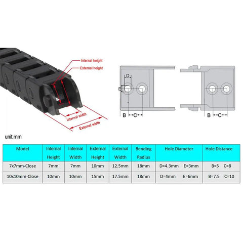 1 Meter Closed Drag Chain Cable Carrier 10x10mm For 3D Printer And CNC Machines, Pro Grade Durable Plastic Wire Chain With Low Friction, R18 Internal Size, Includes Screwdriver Tool, Perfect For Clean No Fuss Cable Runs. 10x10mm closed plastic drag chain with dimensions diagram
