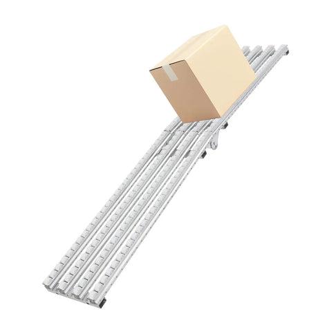 Heavy Duty Foldable Gravity Roller Conveyor Table 79 By 12 Inches With Locking Screws showing a cardboard box on rollers.